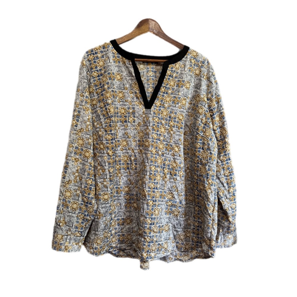 Essentials by Milano Blouse Women 1X Gold Blue Geometric Mosaic Split Neck EC